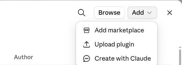 Claude desktop Settings → Plugins with the Add menu open, showing the Add marketplace option