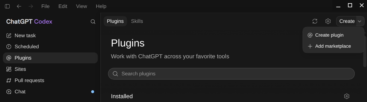 Codex desktop Plugins page with the Create menu open, showing the Add marketplace option