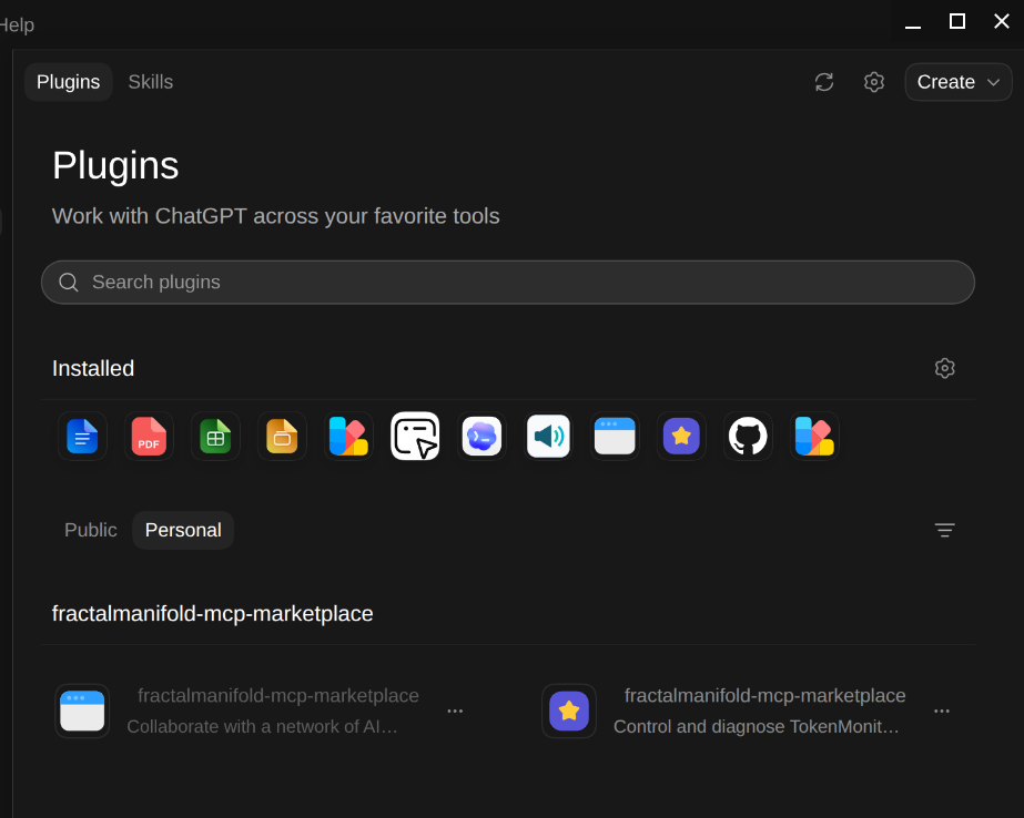 Codex desktop Plugins page showing the fractalmanifold-mcp-marketplace section with the TokenMonitor plugin