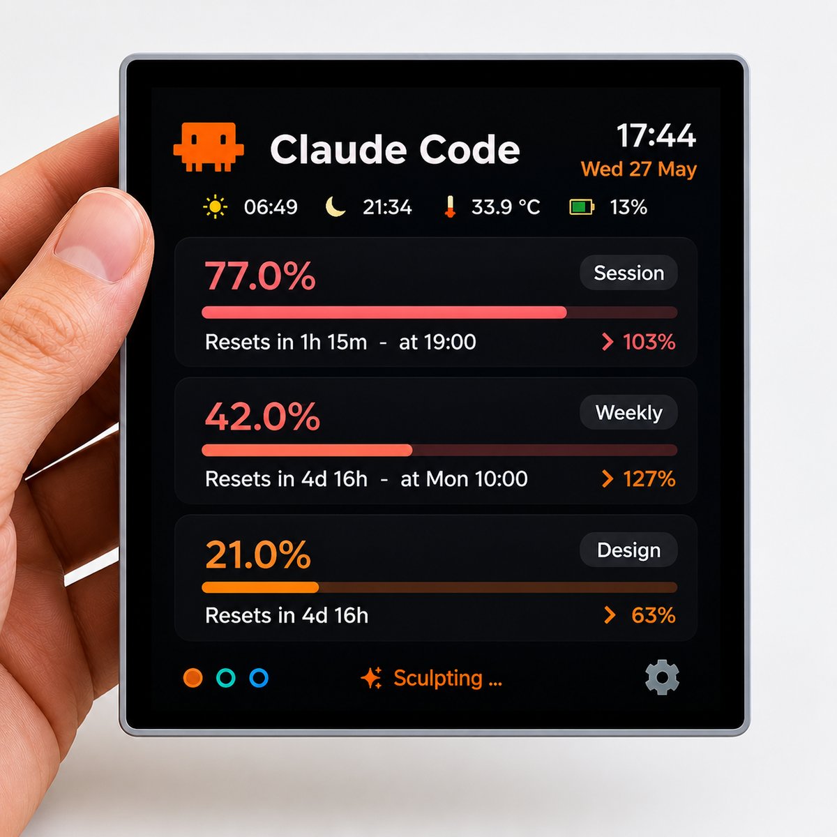 TokenMonitor — 4-inch desk display in hand, showing Claude Code usage